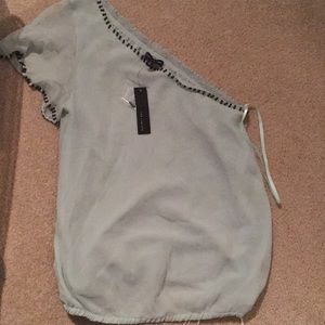 NWT One shoulder flirty pale green beaded top silk